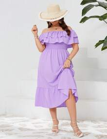 Yesfashion Women's Plus Size One Shoulder Dresses Ruffle Short Sleeve Belted Bodycon Cocktail Party Dress - 紫色 - 查看 4