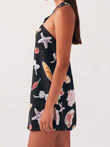 Women's Cream Yellow Halter Neck Mini Dress - Knotted Neck Detail Sleeveless Lightweight Fabric Feminine Stylish Casual Summer Date Wear(S-L) - 黑與白 - 查看 6
