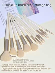 A Set Of 13 Soft And Fluffy Professional Makeup Brushes With A Storage Bag, Perfect For Travel. Ideal For Applying Foundation, Eyeshadow, And Blush, It's The Ideal Tool For Eyeshadow, Eyeliner, Foundation, And Blending. Versatile Kabuki Makeup Brushes For Creating Flawless Makeup (In Milky White),Brush Set,Makeup Brush Kit,Make Up Brush Set,Make Up Set Complete,Makeup Brush Set,Complete Makeup Kit,Brush Kit,Brushes Makeup Set,Makeup Gift Set - Yellow - View 2