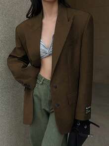 Women's Brown Casual Loose Blazer Jacket With Letter Print, Notched Collar, Single-Breasted, Long Sleeve, Suitable For Banquet, Wedding, Festival, Party, Halloween, Christmas And Other Occasions