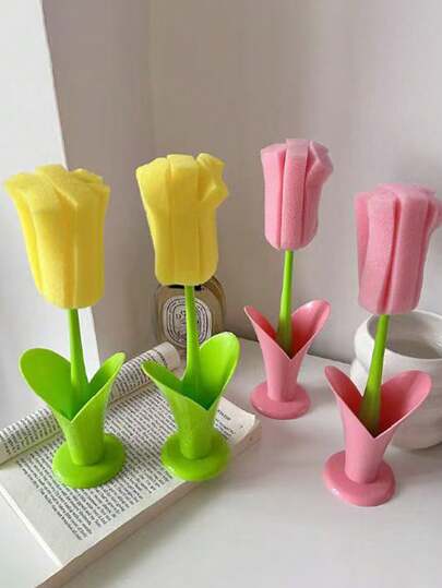2pcs Tulip Shaped Reusable Cup Brush, Long Handle Cleaning Brush With Detachable Sponge Head - Long Bottle & Container Cleaning Brush, Durable Plastic Material, Multi-Purpose Kitchen Bottle & Container Cleaning Tool, Household Essential