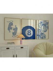 Navy Wall Art Set, Retro 8 Ball Poster Disco Ball Digital Prints, Preppy Aesthetic, Blue Cheetah Print Dorm Room Decor Printable Art Canvas Painting Posters And Prints Wall Art Pictures For Living Room Decoration Optional Frame ,Wall Art With Frame
