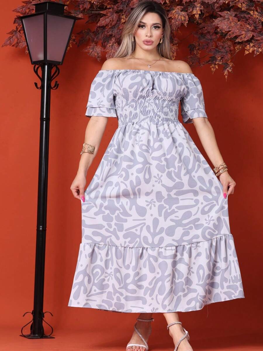 WOMEN'S LONG MIDI DRESS WITH PUFFED SLEEVES, RUFFLED, OFF-THE-SHOULDER, TRES MARIAS FLORAL - Gris - Ver 1