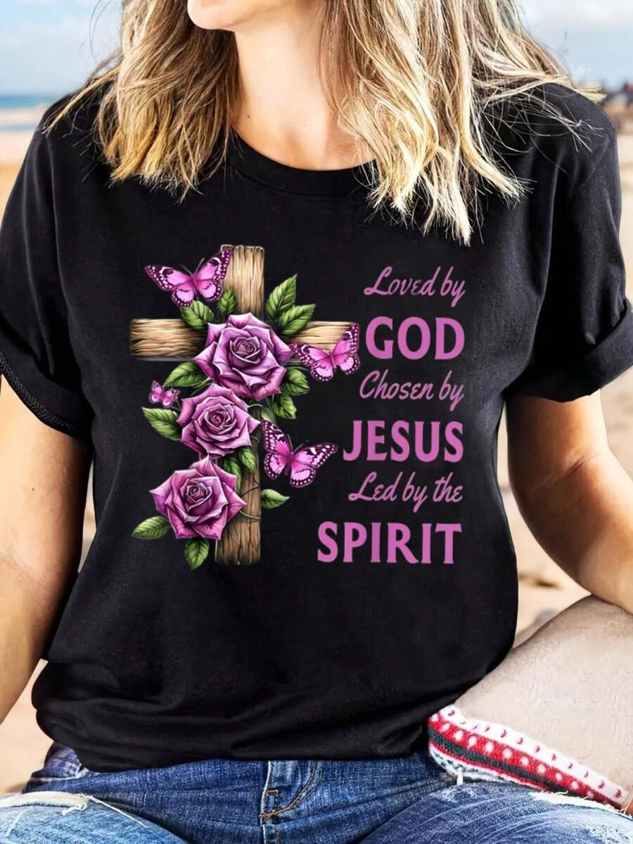 Women's Christian Inspirational T-Shirt - "Loved By God Chosen By Jesus" Purple Rose & Butterfly Cross Design, Black Floral Print Casual Short Sleeve Round Neck Top, Machine Washable Comfort Fit Religious Apparel For Spring Summer, Spiritual Clothing | Feminine Style | Sixpetal Roses, Religious Pullover Shirts Women Unisex Men S Cotton Short Sleeve T-Shirt, Perfect For Summer Adventures, 100% Soft Fabric, Ideal For Sports, Work, And Relaxation  - màu đen - Xem 1