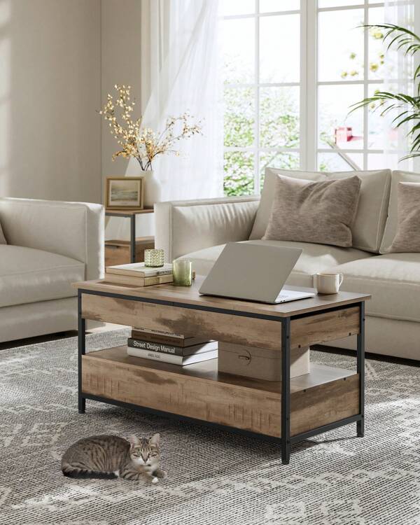 VASAGLE able Basse, Table de Salon avec Plateau Relevable, Tiroirs de Rangement, avec Rangement Ouvert et Compartiment Caché, Marron camel, noir d'encre