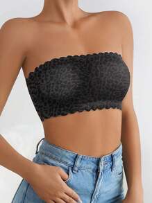 1pc Women's Seamless Bandeau Bra, Lightweight, Shaping, Anti-Sagging, Sexy Leopard Print Wavy Trim Bra