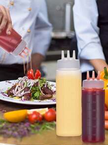 1/3pcs Triple Hole Squeeze Bottle For Sauces And Salads, Squeeze Sauce Bottle, Multi-Purpose Condiment Dispenser, Oil Vinegar Cruet For Kitchen Use, Seasoning Bottle, Pointed Mouth Plastic Bottle, Kitchen Utensils, Kitchen Supplies, Kitchen Stuffs,School Supplies