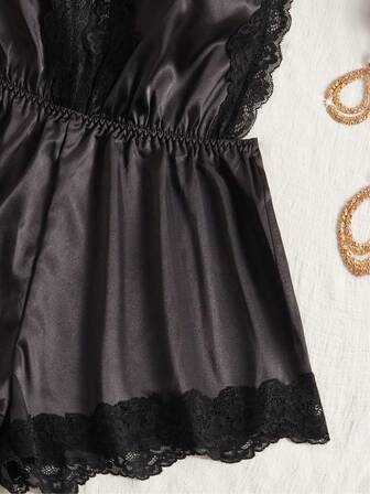 Nya damunderkläder med justerbara korsade ryggband och djup V-ringning, rygglös, sexig teddy spetsutsmyckad satin, bekväm hemplagg, pyjamas