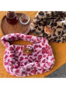 Sanrio 1 Pc Hello Kitty Is A Highly Attractive Japanese And Korean Hottie Must-Have Leopard Print Black Leather KT Shoulder Hand-Held Plush Bag With Large Capacity Ins Style
