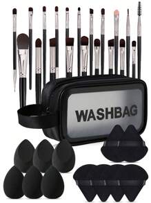 33pcs Makeup Brush Set, Includes: 1pc Makeup Bag, 20pcs Makeup Brushes, 6pcs Makeup Sponges, 6pcs Makeup Puffs, Cosmetic Storage Bag, Large Capacity Makeup Bag, Portable Toiletry Makeup Bag, Makeup Organizer Bag, Makeup Travel Bag, Suitable For Makeup