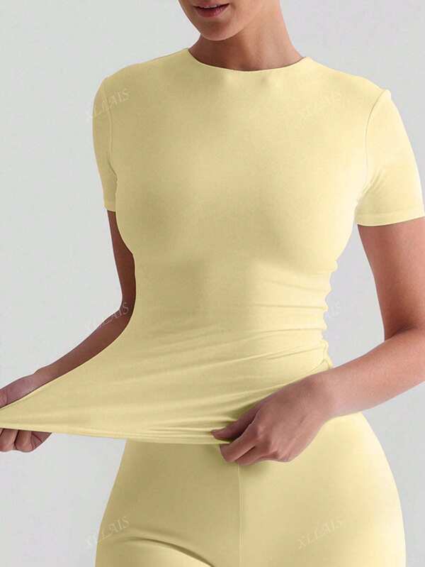 XLLAIS 2025 Tricou scurt cu guler rotund, vară, galben unt, topuri, solid, de bază, skinny sport, fit, casual, pentru femei, înapoi la școală