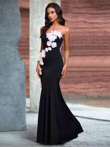 Lang Blumen Farbblockiertes elegantes Meerjungfrauenkleid mit trägerlosen Oberteil