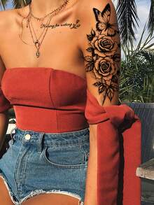 5pcs Black Body Art Temporary Tattoos, Waterproof & Sweatproof, & , Unique Designs For Valentine's Day, Easy To Apply & Remove, Includes Black Butterfly, Colorful Flowers, Leaves