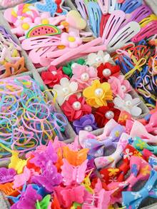 869件/套 女孩彩色仿珍珠花朵、蝴蝶结、西瓜、彩虹、海星、五角星、蝴蝶、小花发夹、弹力发圈、发卡，可爱少女发饰套装，日常使用及礼品 - 彩色 - 查看 2