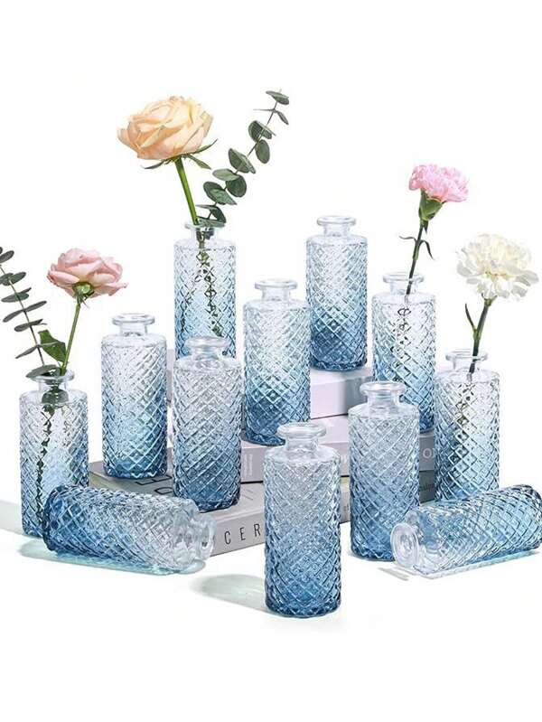 12 piezas/1 pieza Jarrón de vidrio en degradado azul, jarrón pequeño de rhinestone, jarrón floral mini para centro de mesa, decoración de estilo vintage para escritorio, decoración para boda, fiesta, vacaciones, hogar, regalo de inauguración de casa, decoración de habitación, jarrón para flores