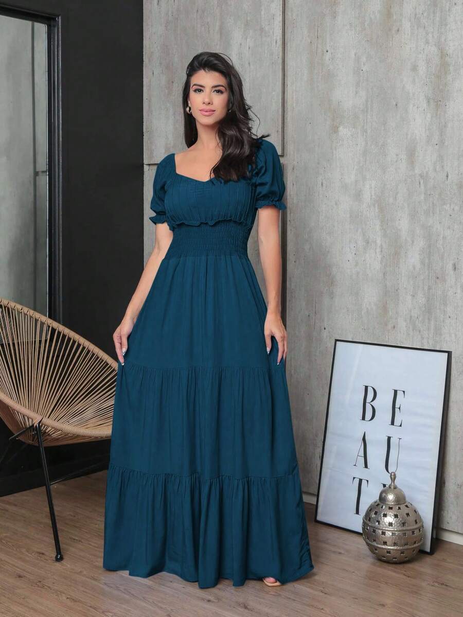 Women's Long Sleeve Viscose Dress - Màu xanh ngọc - Xem 1