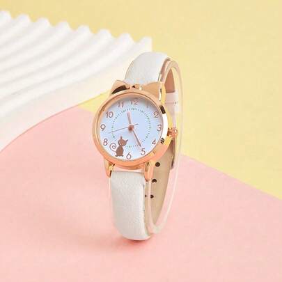 1 件时尚石英手表，带有可爱的小猫设计，适合青少年男孩和女孩
