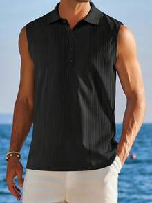 Mens Sleeveless Summer Shirts Beach Tank Tops Button Up Textured Tank Shirt For Vacation - Black - View 2