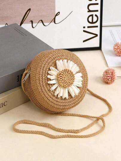 1pc Girls Sunflower Straw Crossbody Bag & Coin Purse