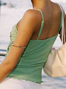 Women Y2k Crop Cami Tops Summer Sparkly Sequins Butterfly Camisoles Sleeveless Ruffle Trim Hem Spaghtti Strap Slim Fit Tank Tops Vintage Mesh Patchwork Going Out Tops Fairy Grunge Aesthetic Clothes Streetwear 90s - 綠色 - 查看 7