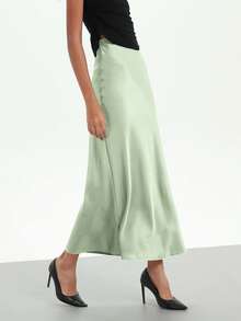 女士四季皆宜缎面弹力腰长裙 - 松綠色 - 查看 6
