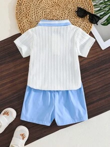 Set de 2 piezas: Camisa polo con bordado de oso y cuello, y shorts cómodos para niño bebé, conjunto de estilo británico