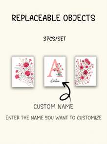 3 pezzi di arte murale personalizzata con nome senza cornice, cartellone su tela con fiori selvatici personalizzati, decorazione da parete rossa, decorazione per la camera dei bambini, decorazione da parete per la camera delle ragazze, cartellone per decorazione dell'asilo, senza cornice, regalo di compleanno perfetto, arte per la nursery, decorazione back to school