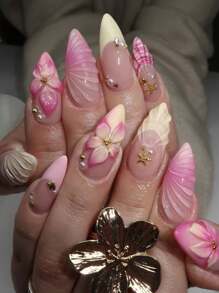 Reine Handarbeit rosa 3D Blumen Nägel Sommer Strand Nägel Wasser Nagel Muschelschalen Nägel gelb Mandel Mittel Aufklebe-Nägel Kunstnägel für Mädchen und Frauen