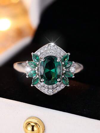 1pc Luxury Charming Green Cubic Zirconia Women's 925 Sterling Silver Ring, Party/Birthday/Engagement/Wedding/Anniversary Gift