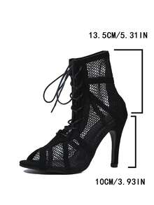 Women's New Fashionable Gorgeous Breathable Mesh Design Lace-Up Decor Open Toe Non-Slip Narrow Stiletto Heel Ankle Boots - Black - View 7