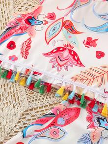 Tween Girls Bohemian Style Paisley Print 2 Pieces Set, Colorful Tassel Decor, Sleeveless Top And Loose Cropped Pants, 100% Polyester, Pullover Crew Neck, Non-Stretch Woven Fabric, Casual Spring/Summer Outfit, Suitable For Outdoor - White - View 2