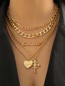 5pcs Retro Multi-Layer Heart Shaped Relief Figure & Cross Pendant Necklace - Gold - View 1