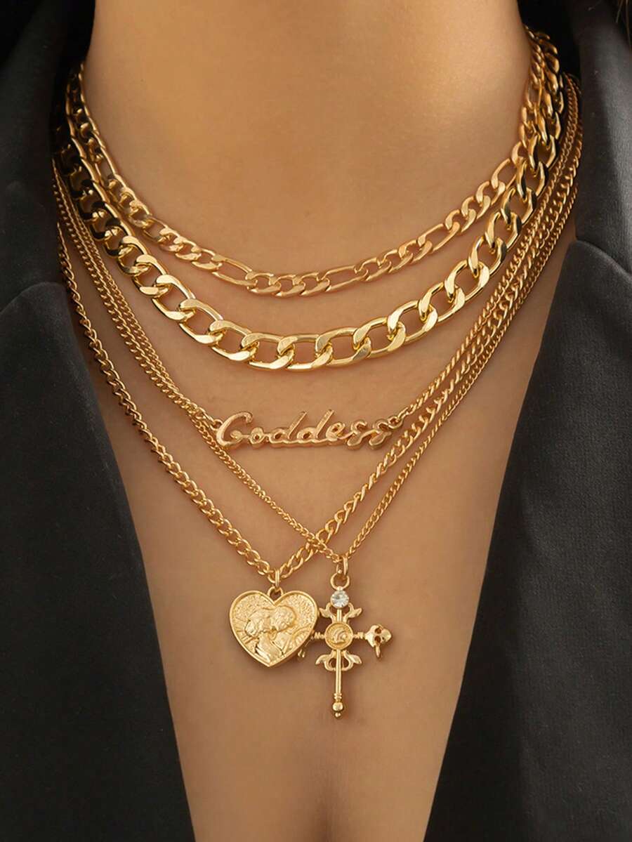 5pcs Retro Multi-Layer Heart Shaped Relief Figure & Cross Pendant Necklace - Gold - View 1