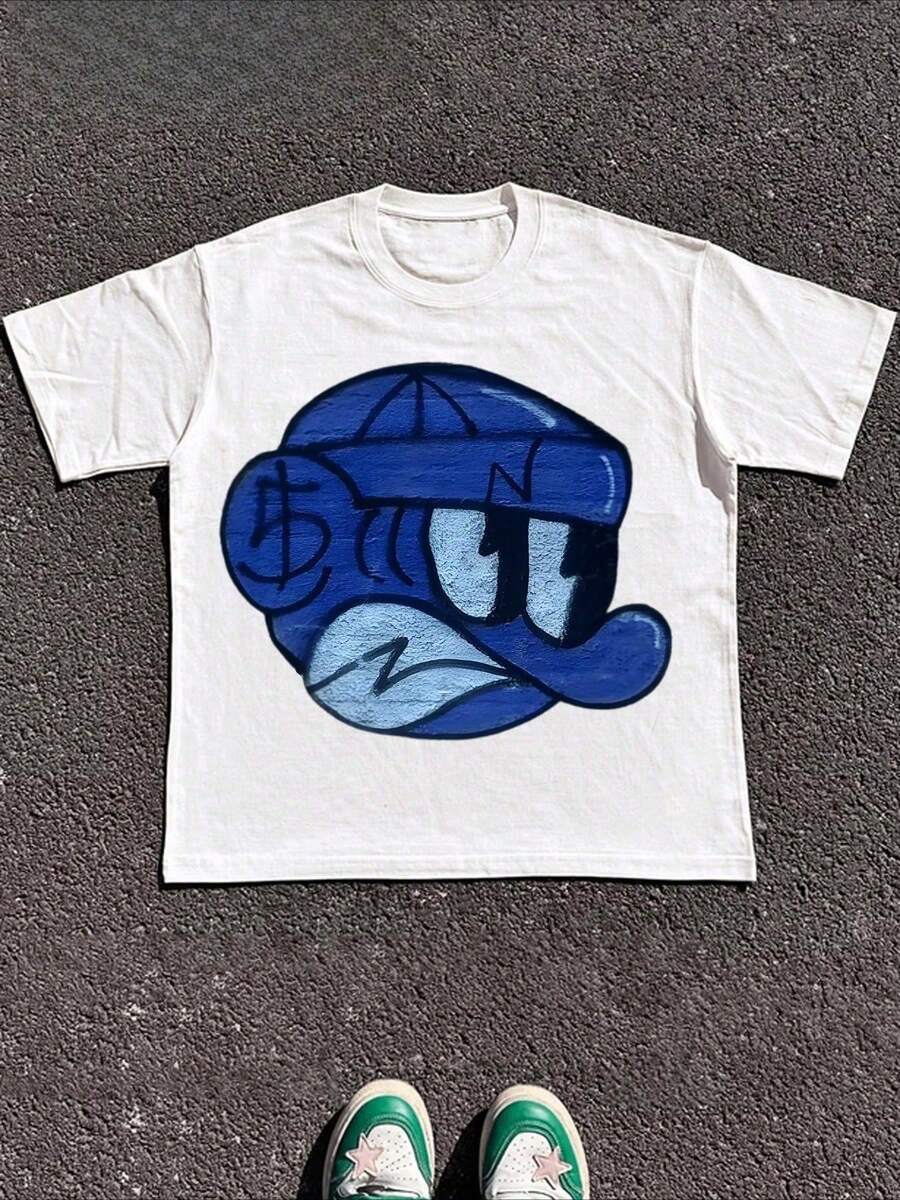 Cartoon - Style White T - Shirt With Blue Character Graphic, 100% Cotton Of 220g Weight - White - View 1