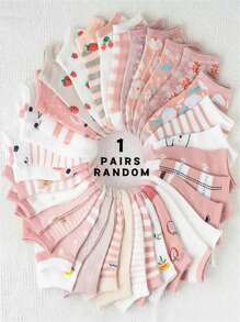 1 Pair/10 Pairs/20 Pairs/30 Pairs Of Random Spring And Summer Style Pink Candy Color Cute Cat Strawberry Flower Japanese Sweet Cute Ins Style Girls Campus Sports Daily Versatile Soft Skin Friendly Comfortable Sweat Absorbing Breathable Women's Short Socks
