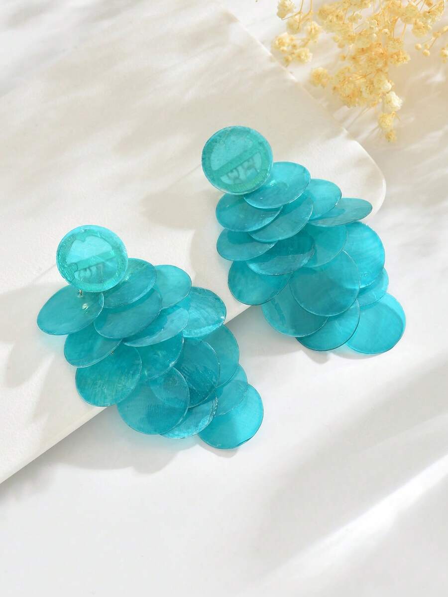 1 对奢华葡萄串流苏耳环，夸张纹理不对称圆盘长流苏耳环，适合女性日常及节日佩戴（由于拍摄时光线和角度原因，圆盘表面纹理略有变化，实际产品与图片之间可能存在细微色差） - 藍色 - 查看 1