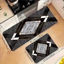 1pc/2pcs Creative Modern Geometric Print High Elasticity Absorbent Non-Slip Kitchen Mat, Suitable For Bedroom, Kitchen And Bathroom, Absorbent Household Doormat, Multipurpose Entrance, Kitchen, Bathroom Mat - Black - View 14