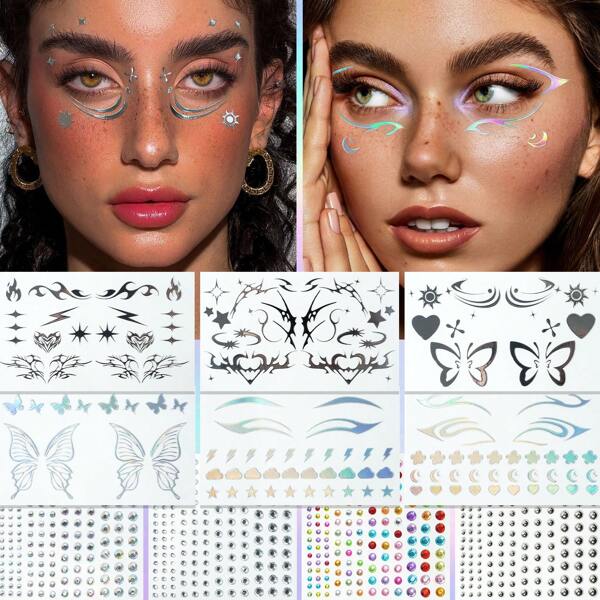 3Pcs/Set Face Sticker Eye Makeup Eyeliner Face Diamond Gem Sticker 3D Colorful Rhinestone Tattoo Eyeshadow Stickers Fo Festival Nail Body Makeup Bling Jewel DIY Decor