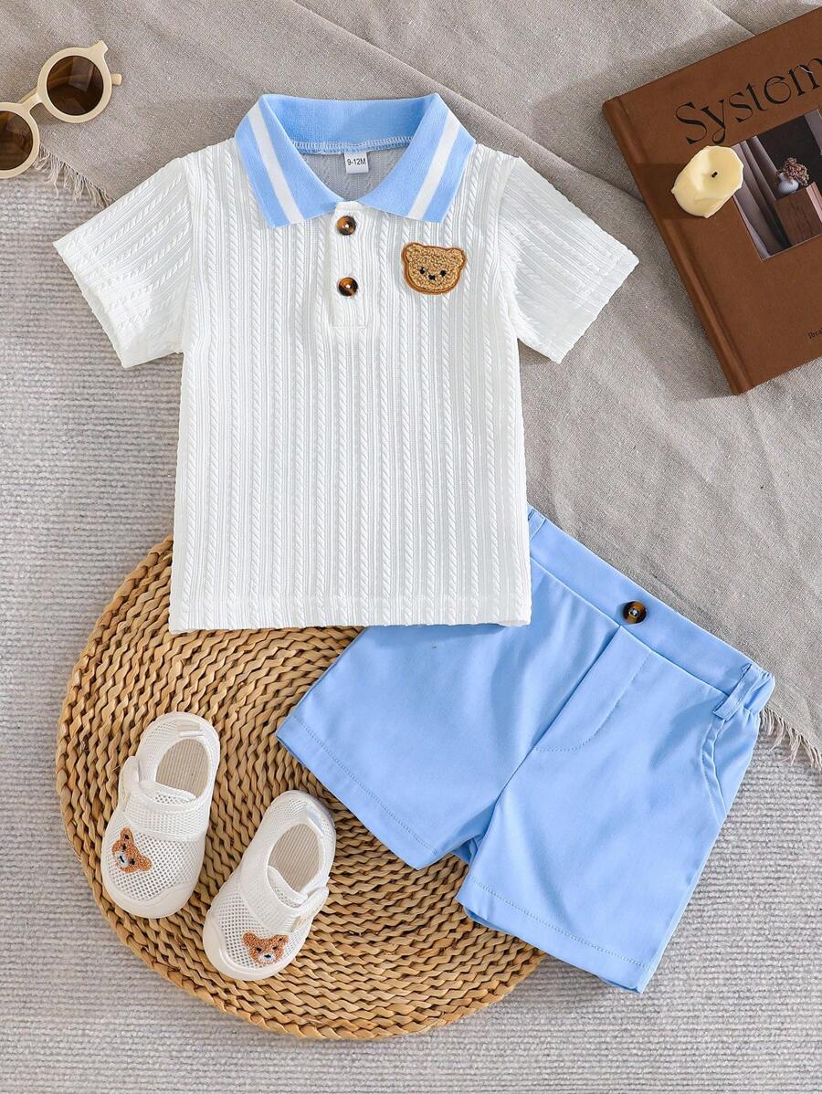 Set de 2 piezas: Camisa polo con bordado de oso y cuello, y shorts cómodos para niño bebé, conjunto de estilo británico