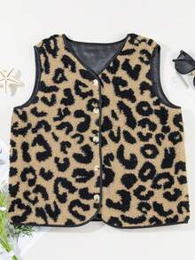 Acelitt Chaleco de piel sintética con estampado de leopardo y contraste de color, chaqueta de forro polar de solapa única para mujer, abrigo de invierno para vacaciones - Albaricoque - Ver 4