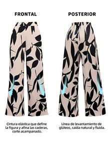 Sensual Star Clasi Pantalones de Mujer de Cintura Alta y Pierna Ancha con Estampado de Plantas, Casuales y Sueltos, para Uso Diario - Caqui - Ver 5