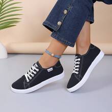 New Style Preppy 2025Style Black & White Outdoor Sports Shoes For Women, Round Toe & Classic Lace-Up Design, Casual Athleisure Sneakers