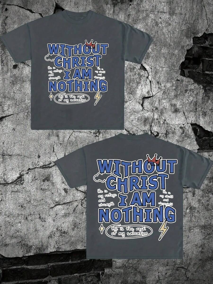 American Vintage Cotton Crewneck T-Shirt With 'WITHOUT CHRIST I AM NOTHING' Printed On Both Sides, Featuring Crown Elements, Summer 2025 New Style For Men And Women, A Versatile And Relaxed Fit Cotton Top, Ideal For Christian Wear. - 灰色 - 查看 1