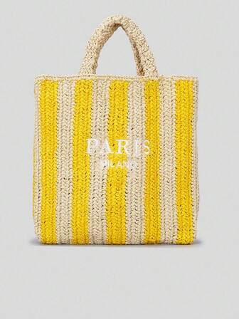 Spring And Summer Striped Handmade Straw Bag Women Embroidery Letter Beach Holiday Shoulder Bag Clashing Colours Paper Woven Handbag