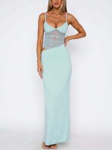 A Sexy Gauze Gauze Splicing Asymmetrical Hollow Halter Slimming Dress Multi-Color Optional