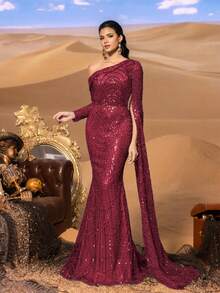 Faeriesty Glamour Asymmetrical Neck Beaded Sequin Mermaid Gown With Asymmetrical Sleeves – Dramatic Floor Length For Luxury Brand Launches - Màu Đỏ Sâu - Xem 5