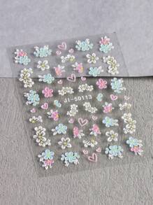 2 Pieces Of Spring And Summer Heart-Shaped Hollow Petal Nail Art Stickers - White, Pink, And Blue Hollow Five Petal Flowers And Heart-Shaped Art Design, 5D Relief Plastic Material, Suitable For Women's Disposable Self-Adhesive Back Adhesive Nail Art Stickers, Spring And Summer Fresh And Simple Floral Theme Style, Easy To Stick Nail Decoration Stickers