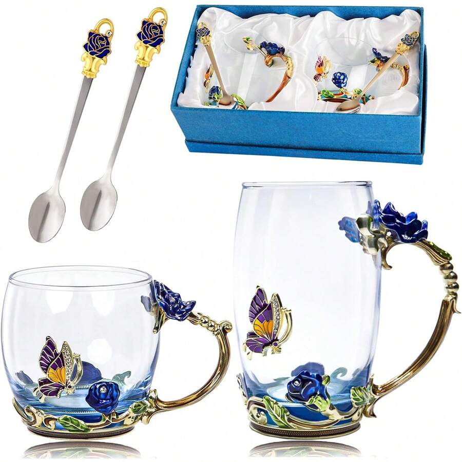 Tea Cup Glass Coffee Mugs,Fancy Tea Cup Set Birthday Christmas Valentine's Day Gift Idea For Tea Lover And Women Novelty Coffee Mugs Rose Flower Enamel Tea Cup Glass Mug With Spoon Set - 藍色 - 查看 1