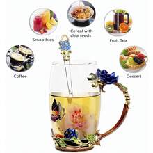 Tea Cup Glass Coffee Mugs,Fancy Tea Cup Set Birthday Christmas Valentine's Day Gift Idea For Tea Lover And Women Novelty Coffee Mugs Rose Flower Enamel Tea Cup Glass Mug With Spoon Set - 藍色 - 查看 3