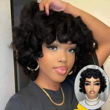 Natural Black 10 Inch Egg Wave Human Hair Wig For Women Short Loose Curly Bob 200% Density Curl Pixie Cut Versatile Styling Voluminous Hairstyle - Natural Black - Xem 2